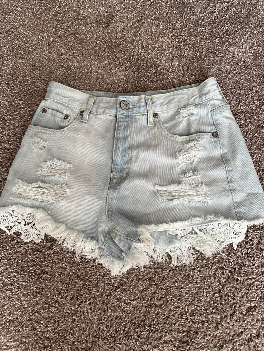 Aeropostale Light Blue Distressed Denim Shorts with Lace Trim